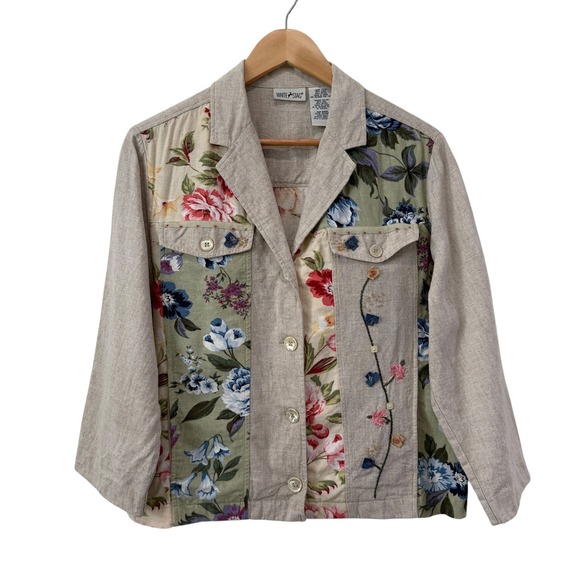Vintage Boho Linen Blend Floral Patchwork Jacket Sz L Natural Cottagecore Artsy - Picture 2 of 10